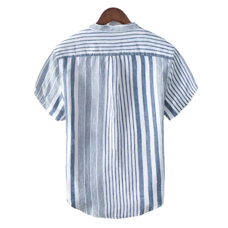 Men’s Striped Shirt – Short Sleeve – Grandad Collar – Breathable – Casual Summer Fit