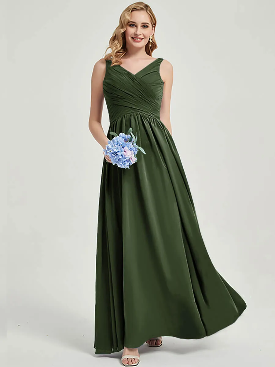 Olive Sleeveless Wide Straps  V-Neck Pleated Flowy Bridesmaid Dress