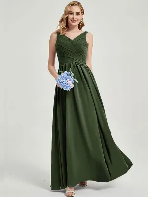 Olive Sleeveless Wide Straps  V-Neck Pleated Flowy Bridesmaid Dress