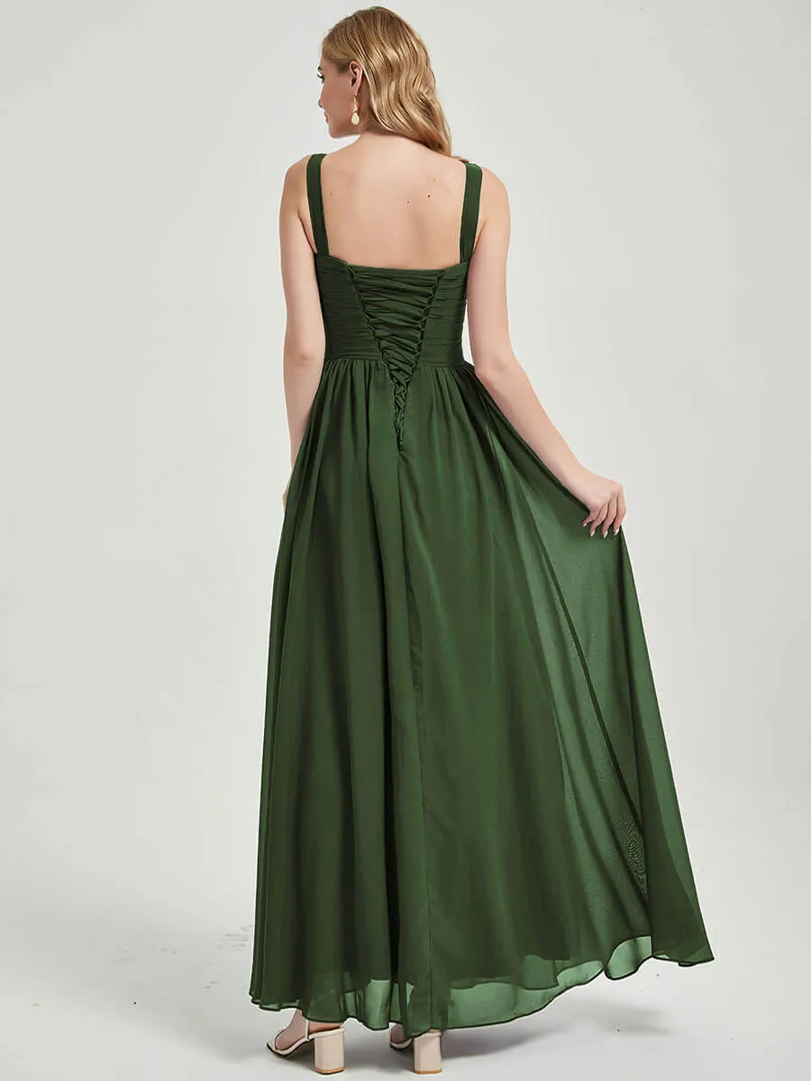 Olive Sleeveless Wide Straps  V-Neck Pleated Flowy Bridesmaid Dress