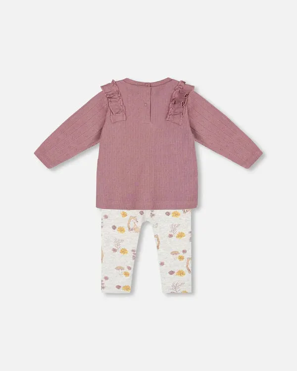 Organic Cotton Pointelle Top And Printed Leggings Set Woodrose With Fox