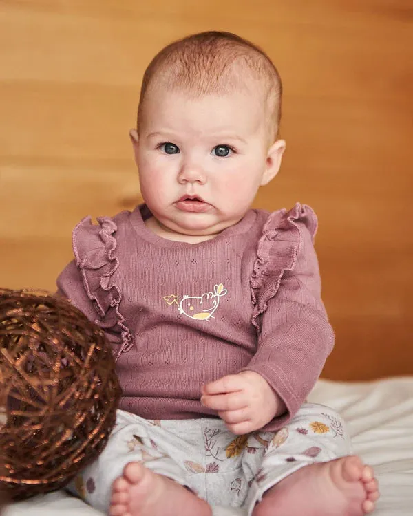 Organic Cotton Pointelle Top And Printed Leggings Set Woodrose With Fox