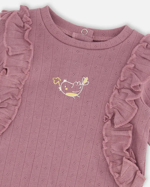Organic Cotton Pointelle Top And Printed Leggings Set Woodrose With Fox