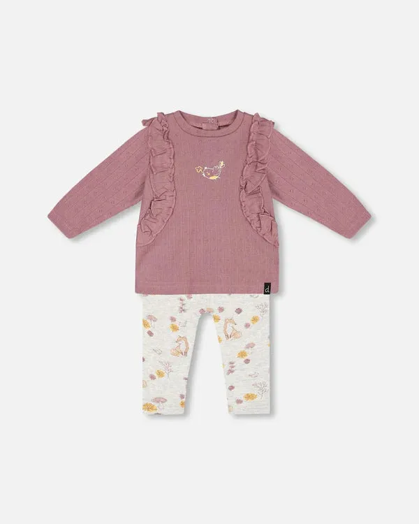 Organic Cotton Pointelle Top And Printed Leggings Set Woodrose With Fox