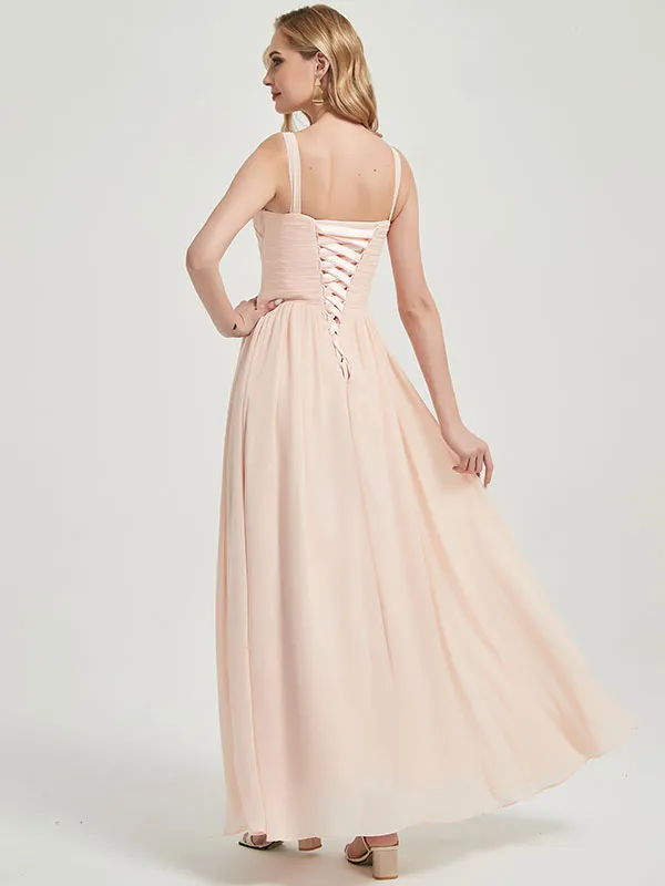 Pearl Pink Sleeveless Wide Strap V-Neck Pleated Maxi Bridesmaid Dress