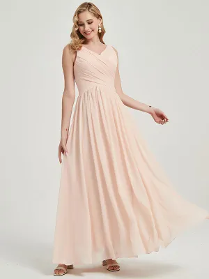 Pearl Pink Sleeveless Wide Strap V-Neck Pleated Maxi Bridesmaid Dress