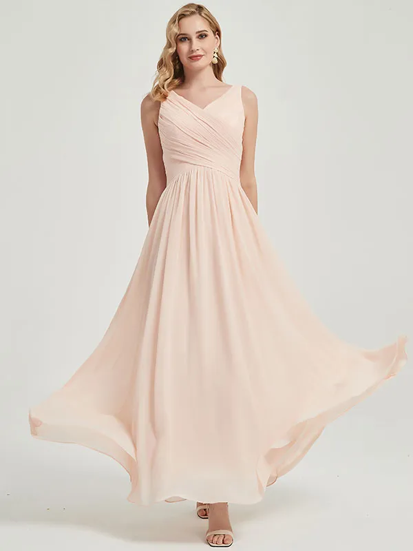Pearl Pink Sleeveless Wide Strap V-Neck Pleated Maxi Bridesmaid Dress