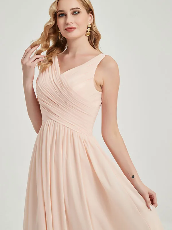 Pearl Pink Sleeveless Wide Strap V-Neck Pleated Maxi Bridesmaid Dress