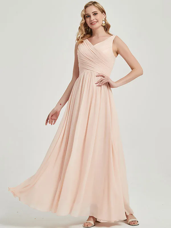 Pearl Pink Sleeveless Wide Strap V-Neck Pleated Maxi Bridesmaid Dress