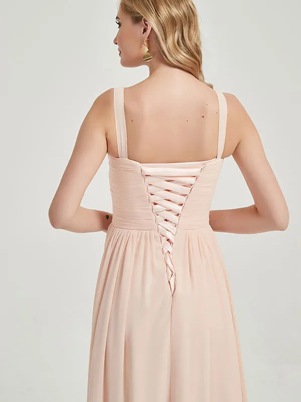 Pearl Pink Sleeveless Wide Strap V-Neck Pleated Maxi Bridesmaid Dress
