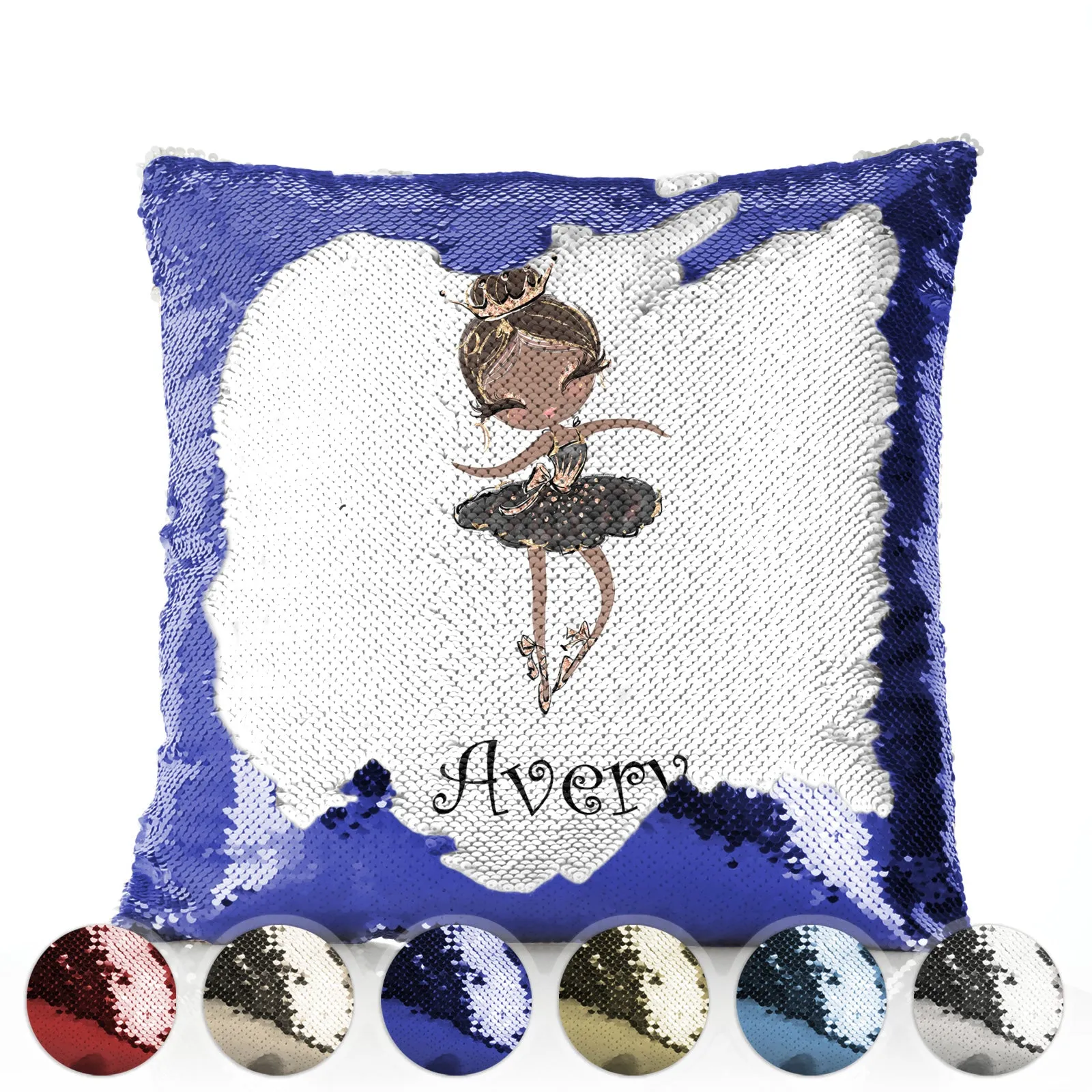Personalised Sequin Cushion with Cute Text and Black Hair Black Dress Tiara Ballerina
