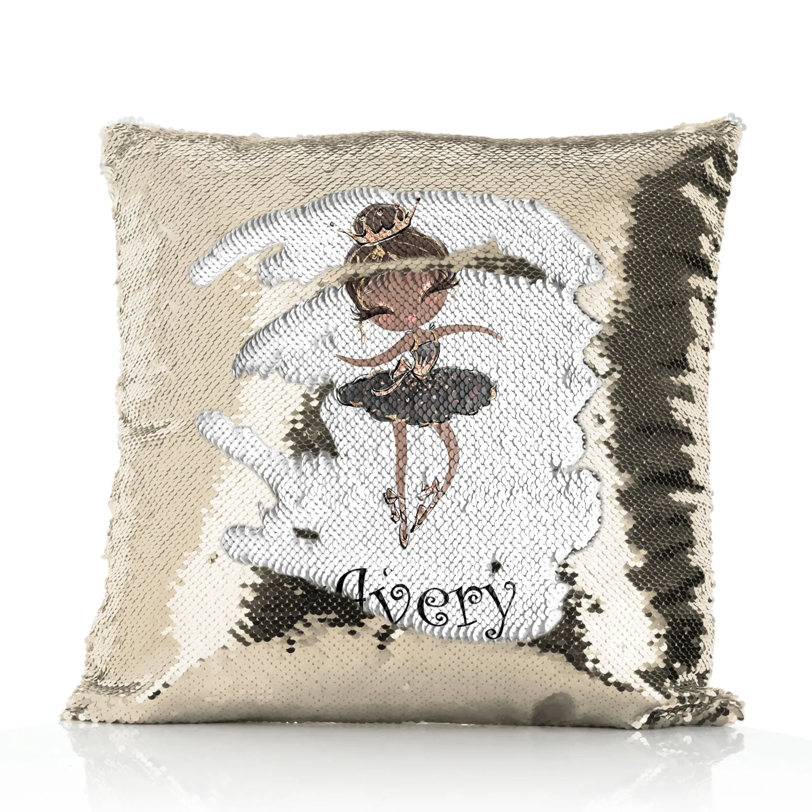 Personalised Sequin Cushion with Cute Text and Black Hair Black Dress Tiara Ballerina