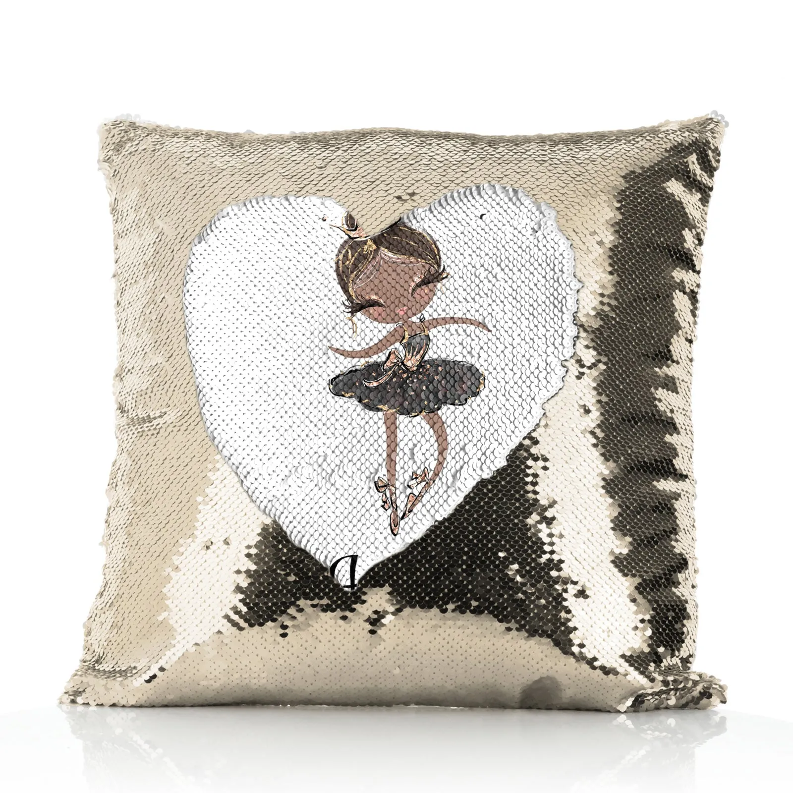 Personalised Sequin Cushion with Cute Text and Black Hair Black Dress Tiara Ballerina
