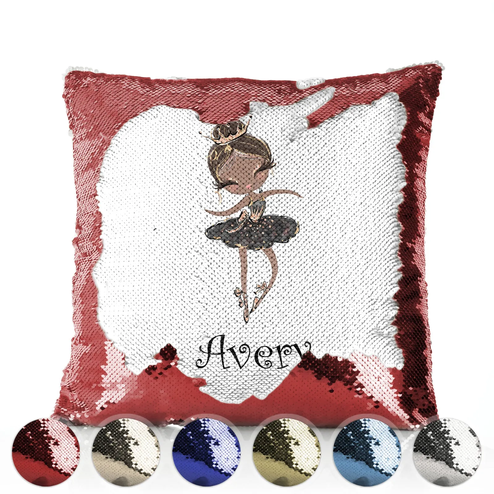 Personalised Sequin Cushion with Cute Text and Black Hair Black Dress Tiara Ballerina