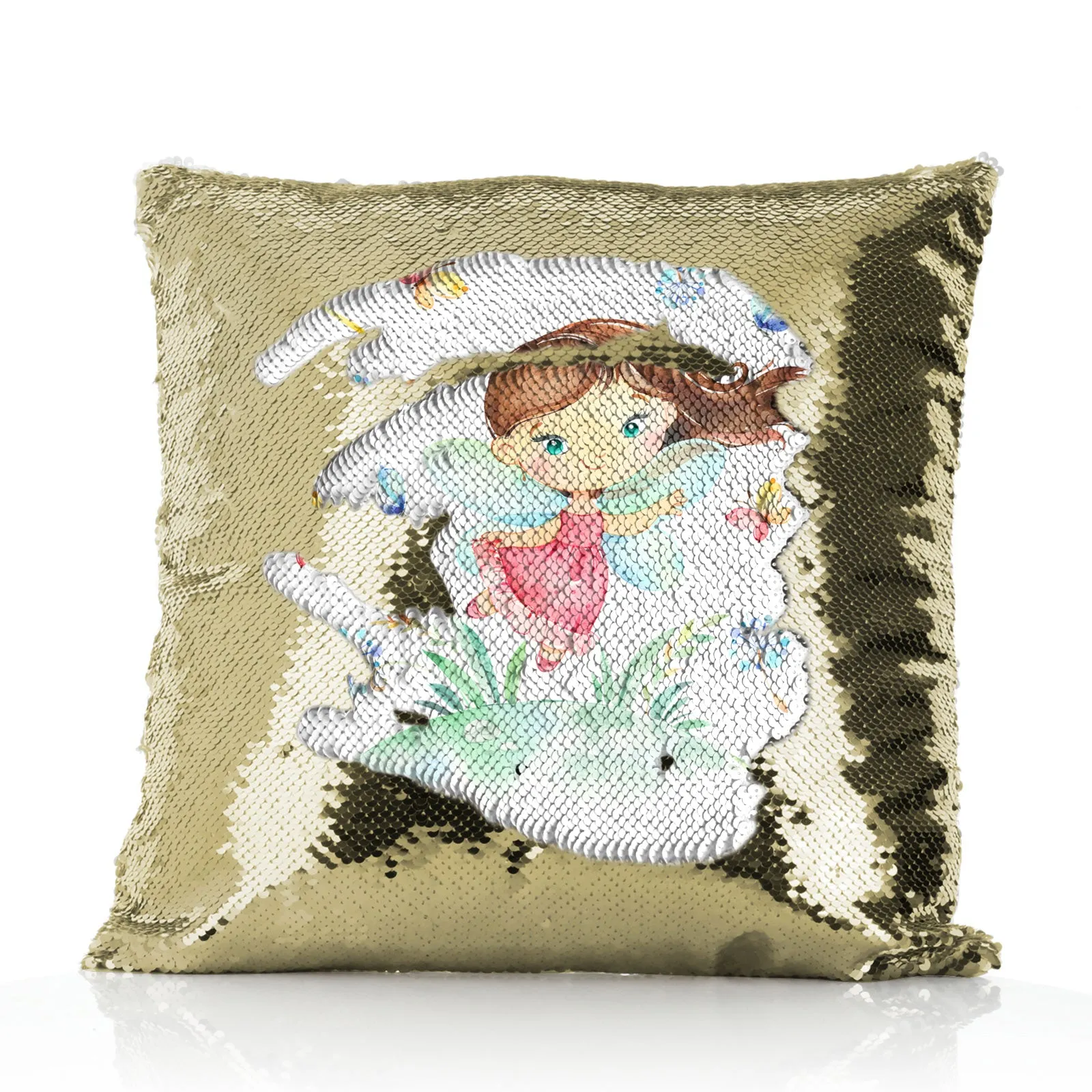 Personalised Sequin Cushion with Cute Text and Butterfly Hill Brown Hair Fairy