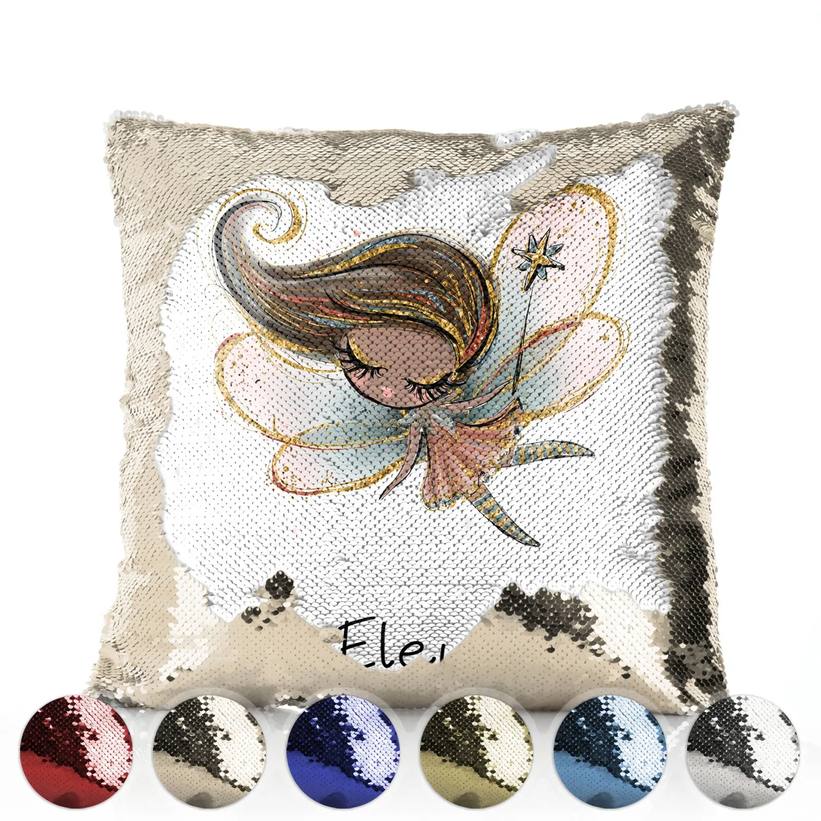 Personalised Sequin Cushion with Cute Text and Butterfly Hill Brown Hair Fairy