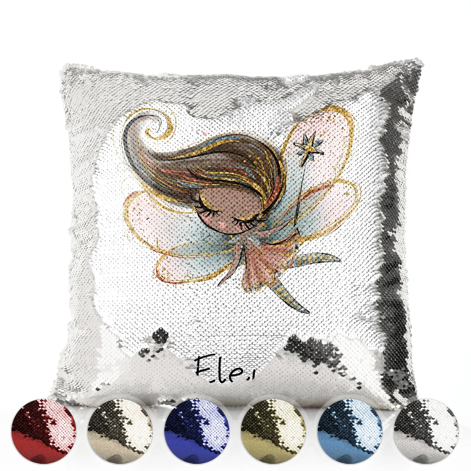 Personalised Sequin Cushion with Cute Text and Butterfly Hill Brown Hair Fairy
