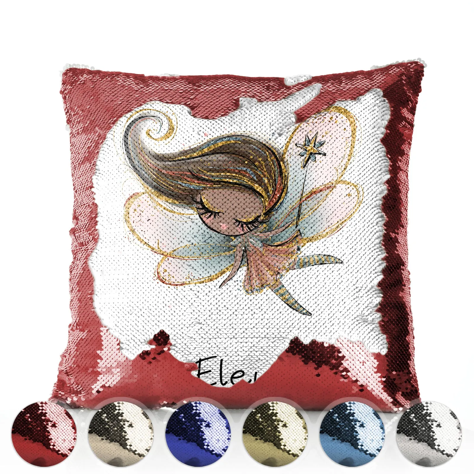 Personalised Sequin Cushion with Cute Text and Butterfly Hill Brown Hair Fairy