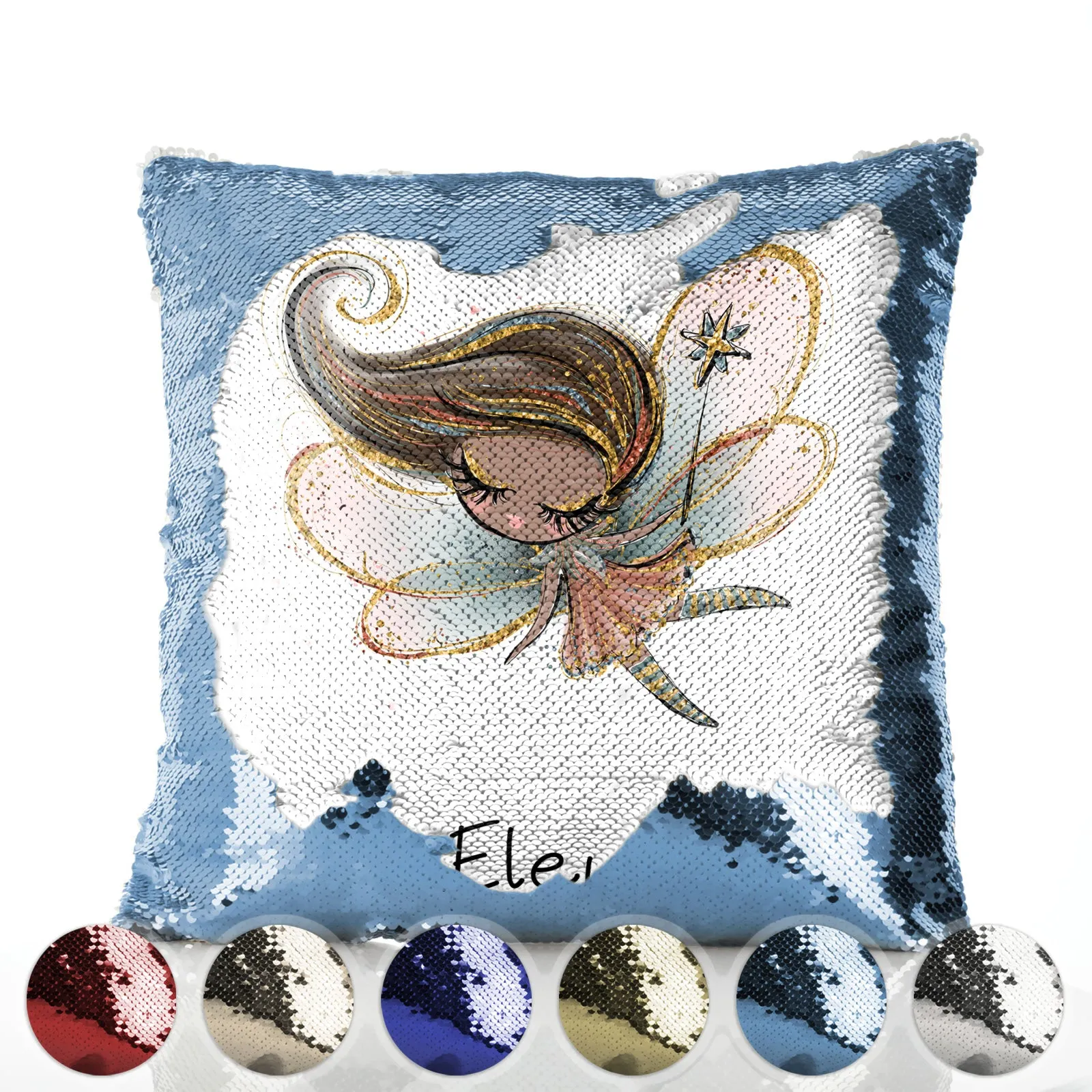 Personalised Sequin Cushion with Cute Text and Butterfly Hill Brown Hair Fairy