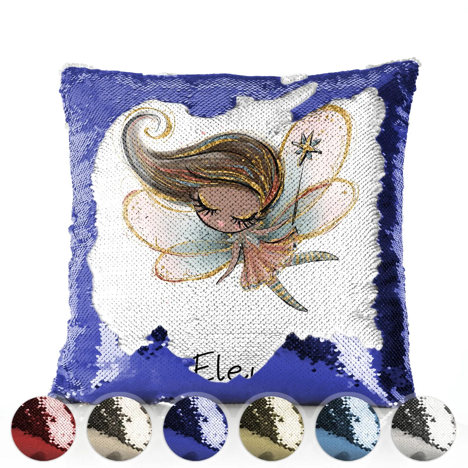 Personalised Sequin Cushion with Cute Text and Butterfly Hill Brown Hair Fairy