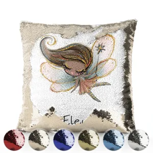 Personalised Sequin Cushion with Cute Text and Butterfly Hill Brown Hair Fairy