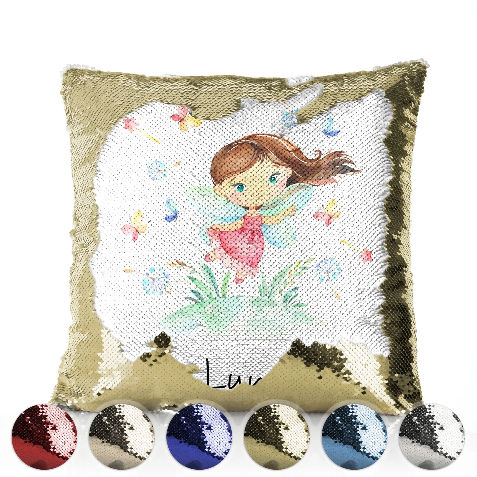 Personalised Sequin Cushion with Cute Text and Butterfly Hill Brown Hair Fairy