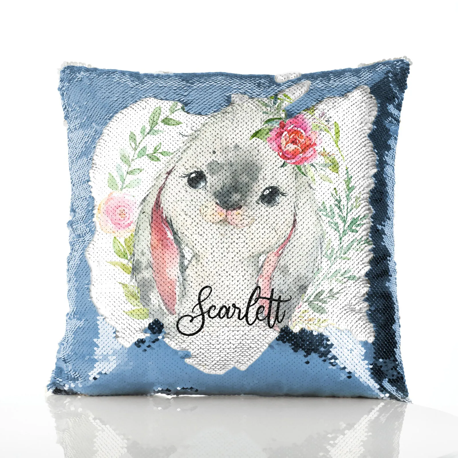 Personalised Sequin Cushion with Grey Rabbit Flower Wreath and Cute Text