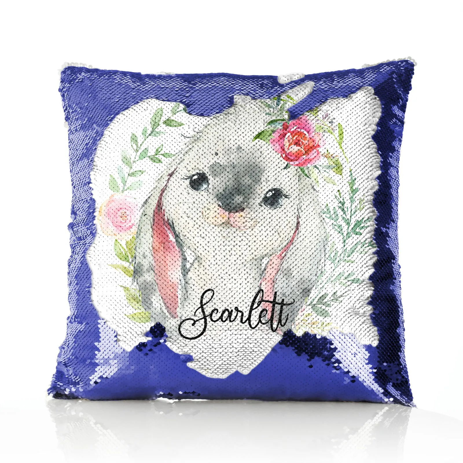 Personalised Sequin Cushion with Grey Rabbit Flower Wreath and Cute Text