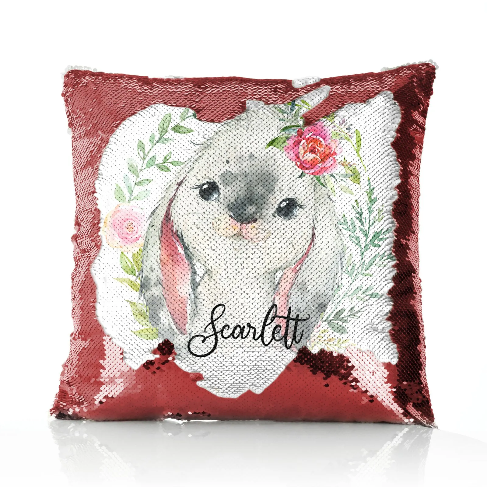 Personalised Sequin Cushion with Grey Rabbit Flower Wreath and Cute Text