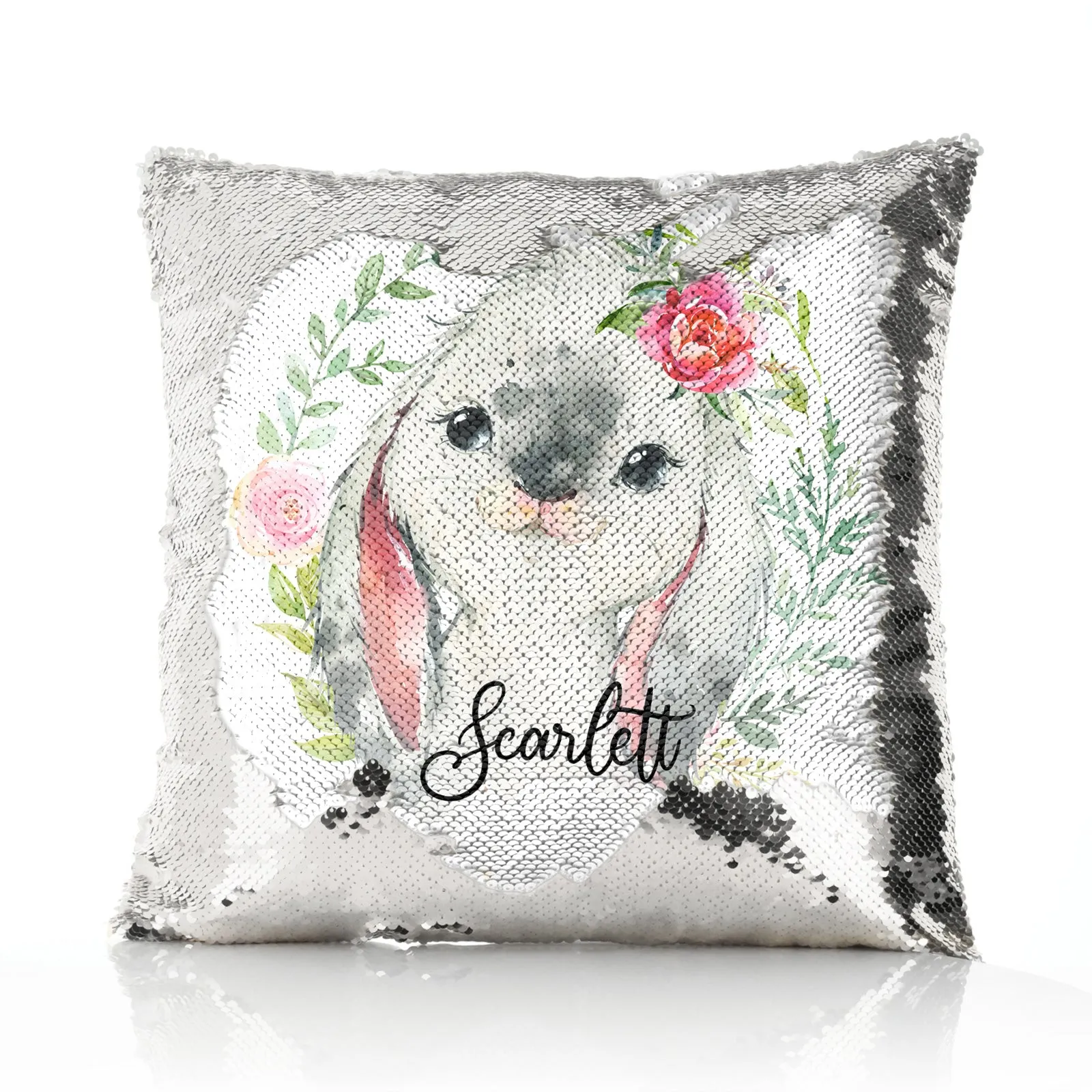 Personalised Sequin Cushion with Grey Rabbit Flower Wreath and Cute Text