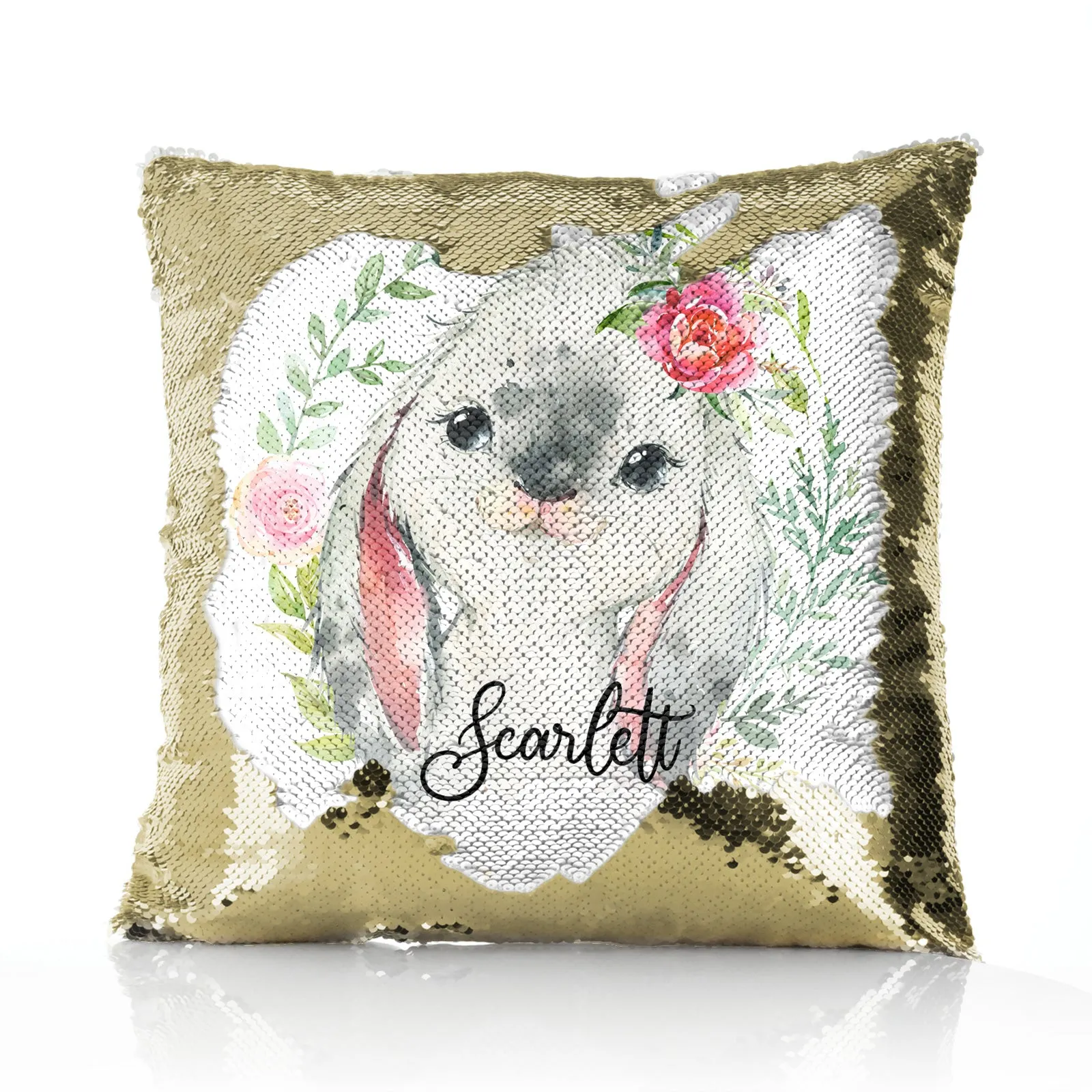 Personalised Sequin Cushion with Grey Rabbit Flower Wreath and Cute Text