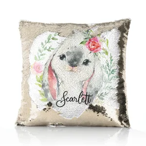 Personalised Sequin Cushion with Grey Rabbit Flower Wreath and Cute Text