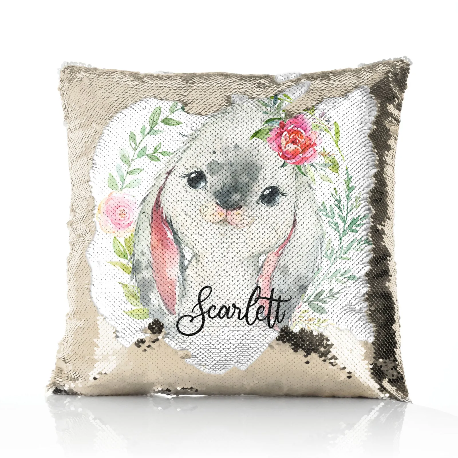 Personalised Sequin Cushion with Grey Rabbit Flower Wreath and Cute Text