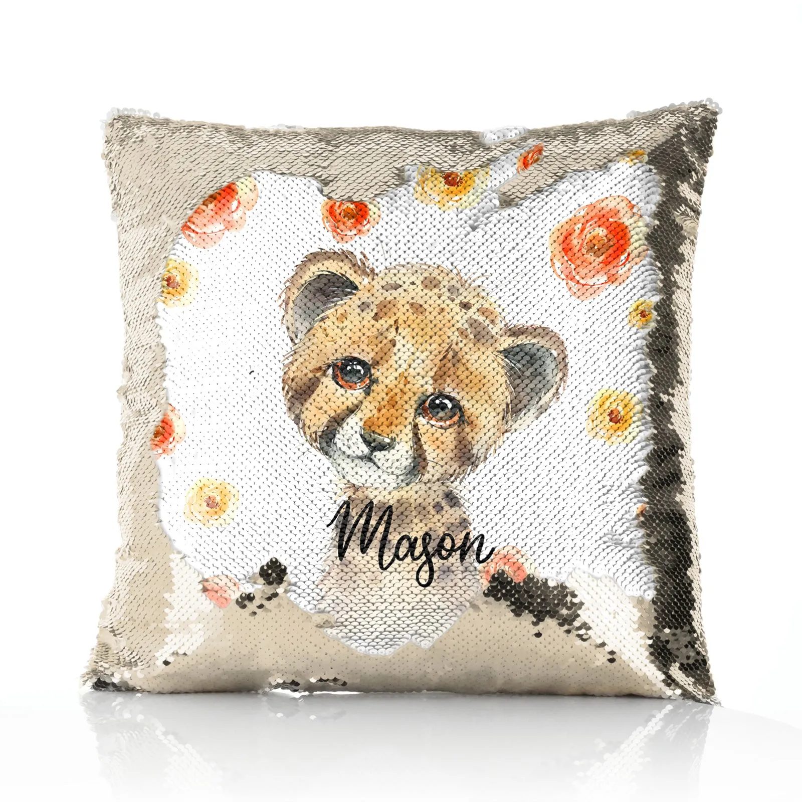 Personalised Sequin Cushion with Spotty Leopard Cat Red and Yellow Flowers and Cute Text