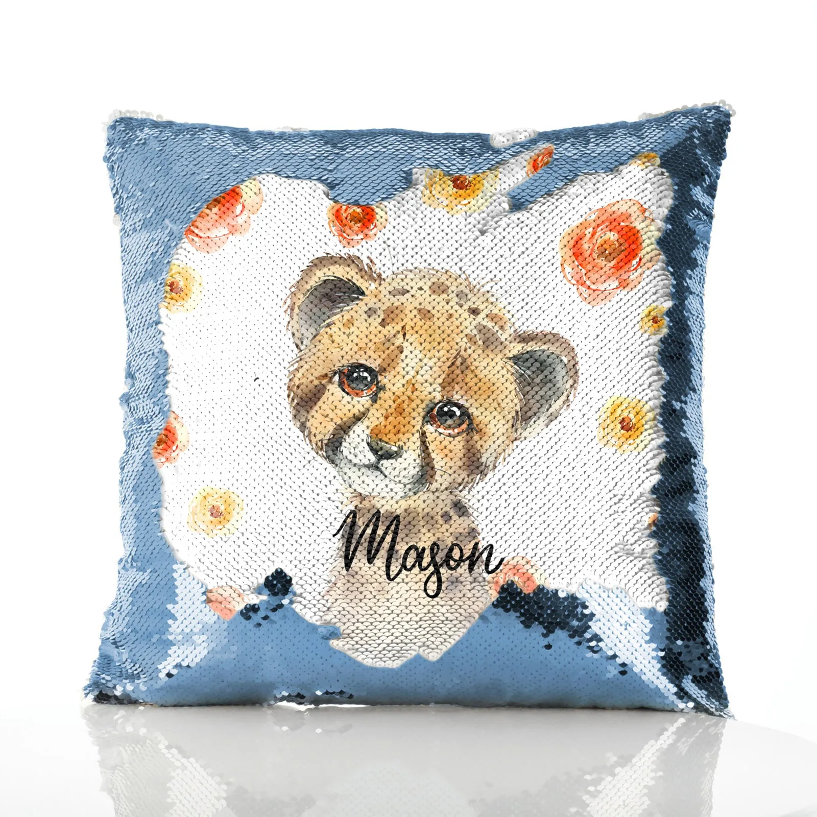 Personalised Sequin Cushion with Spotty Leopard Cat Red and Yellow Flowers and Cute Text