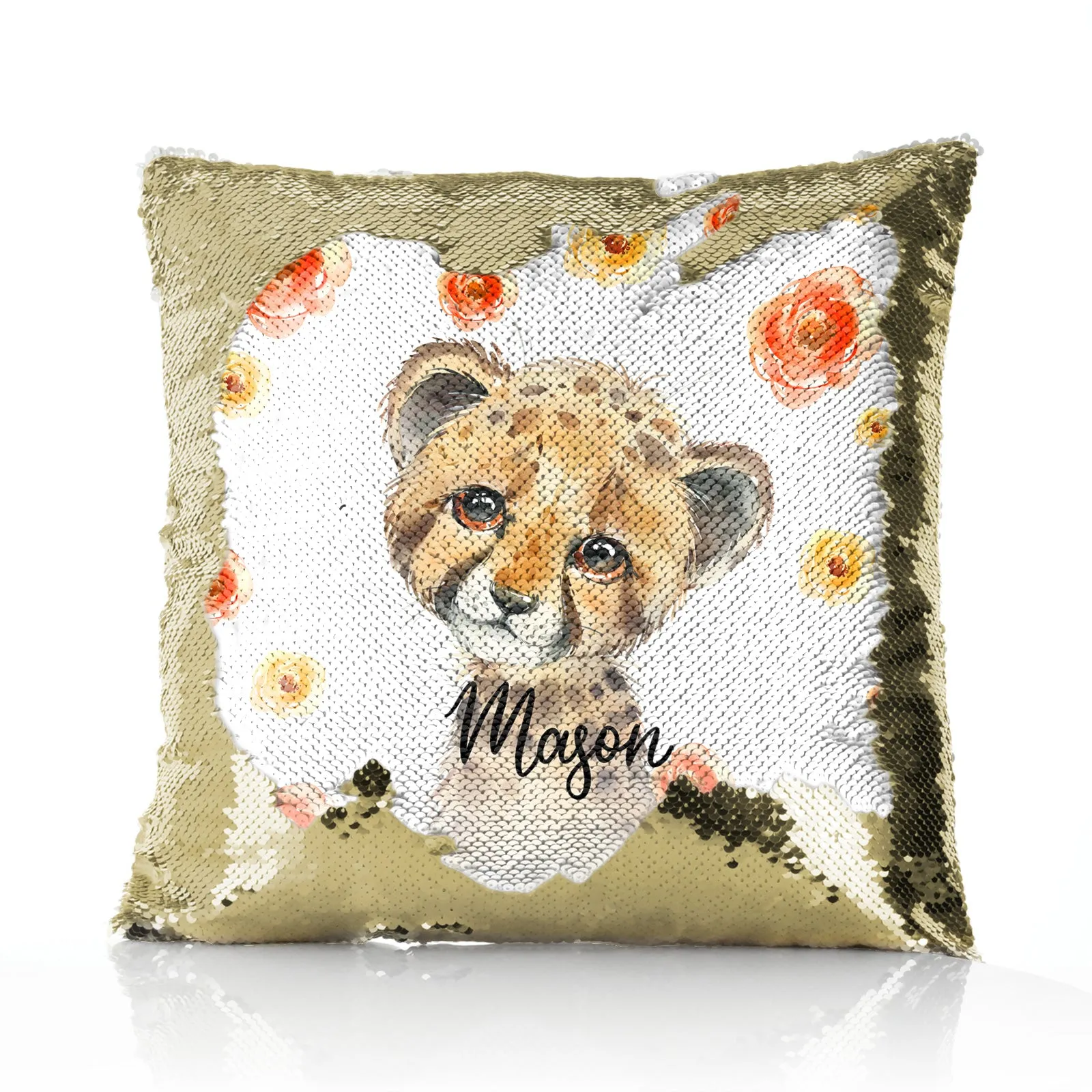 Personalised Sequin Cushion with Spotty Leopard Cat Red and Yellow Flowers and Cute Text