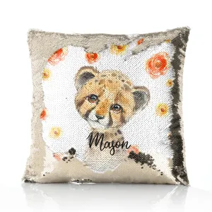 Personalised Sequin Cushion with Spotty Leopard Cat Red and Yellow Flowers and Cute Text