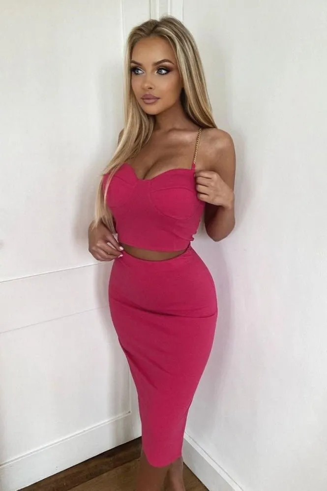 Pink Chain Strap Crop Top & Side Split Midi Skirt Co - Ord Set