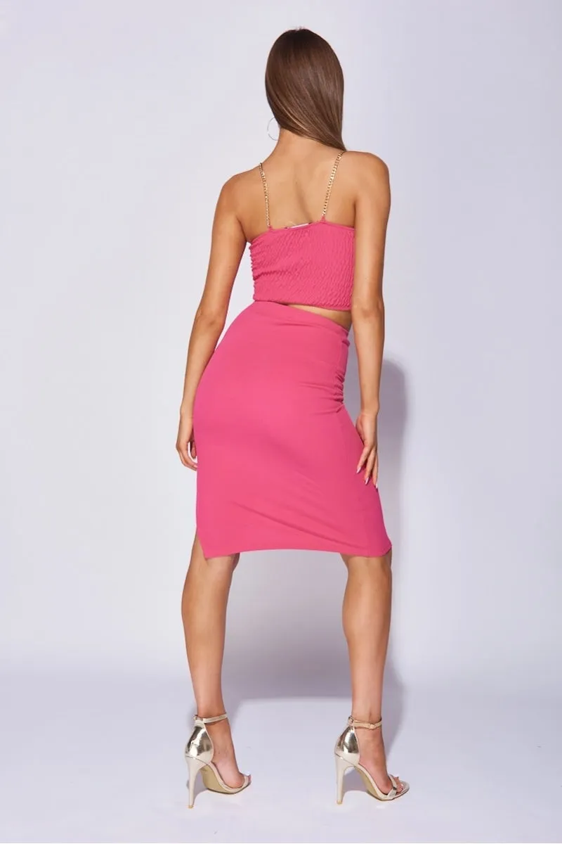 Pink Chain Strap Crop Top & Side Split Midi Skirt Co - Ord Set