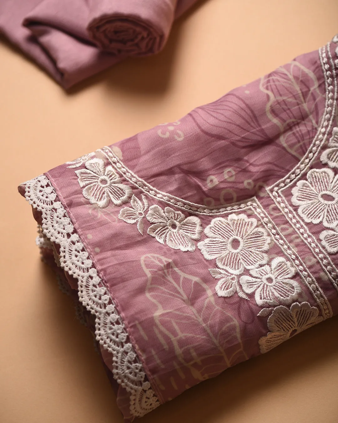 Pink Viscose Organza Digital Printed With Embroidery Unstitched Suit Fabric Set With Chiffon Dupatta