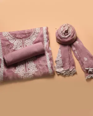 Pink Viscose Organza Digital Printed With Embroidery Unstitched Suit Fabric Set With Chiffon Dupatta