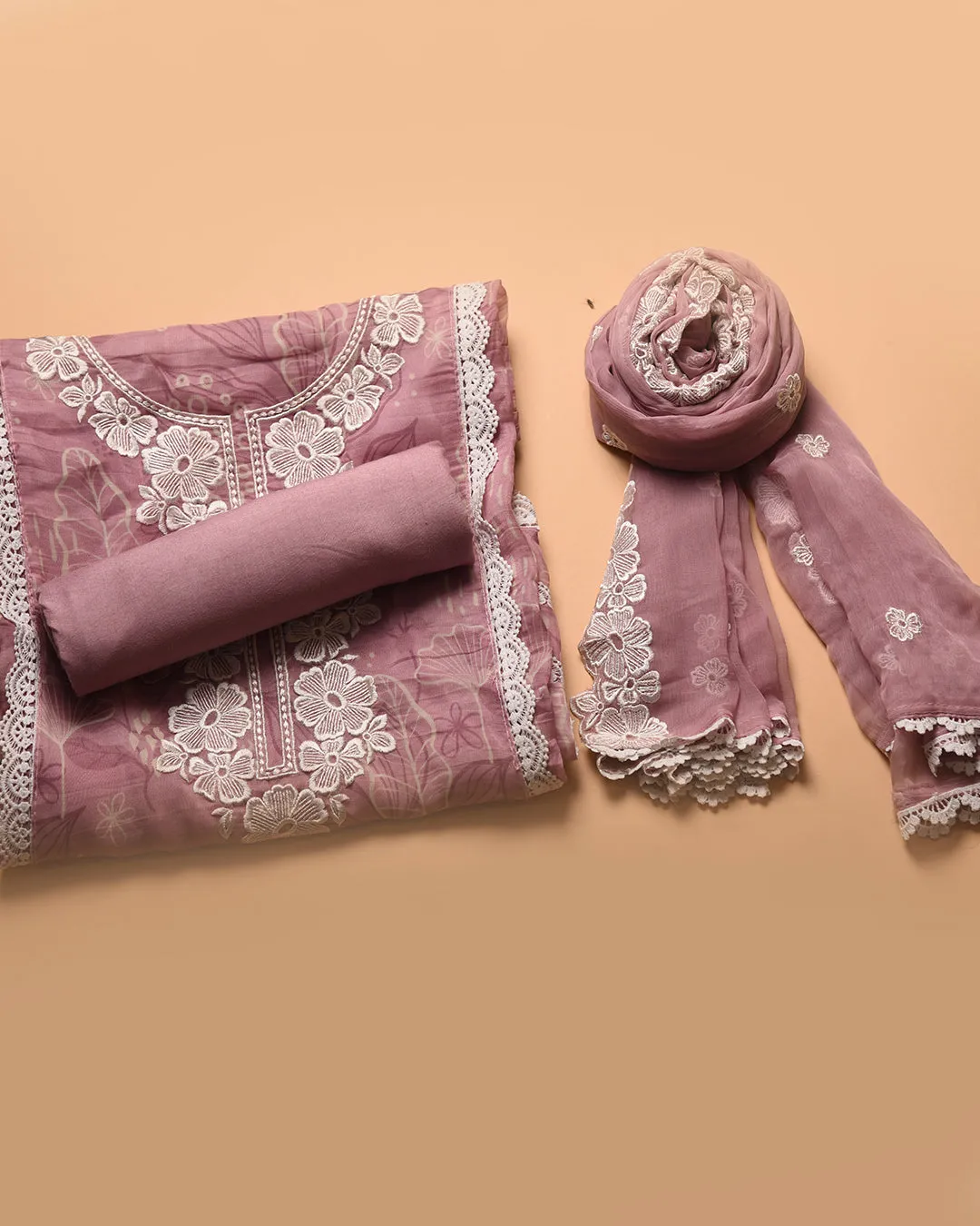 Pink Viscose Organza Digital Printed With Embroidery Unstitched Suit Fabric Set With Chiffon Dupatta