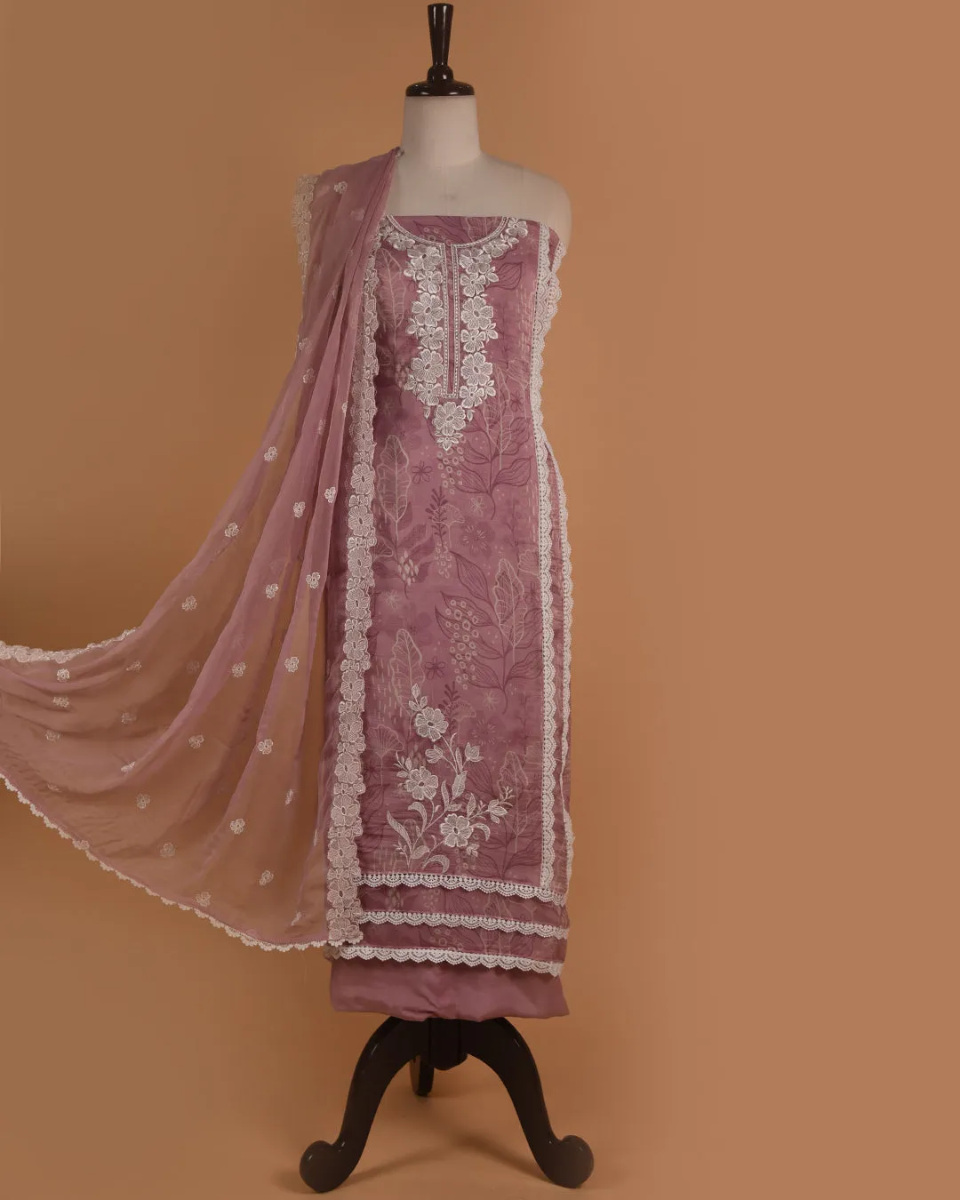Pink Viscose Organza Digital Printed With Embroidery Unstitched Suit Fabric Set With Chiffon Dupatta