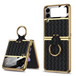 Plating Leather Weaving Case For Samsung Galaxy Z Flip 3 5G Case Back Screen Protector Hard Cover For Samsung Z Flip3