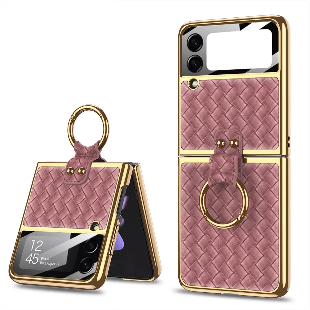 Plating Leather Weaving Case For Samsung Galaxy Z Flip 3 5G Case Back Screen Protector Hard Cover For Samsung Z Flip3