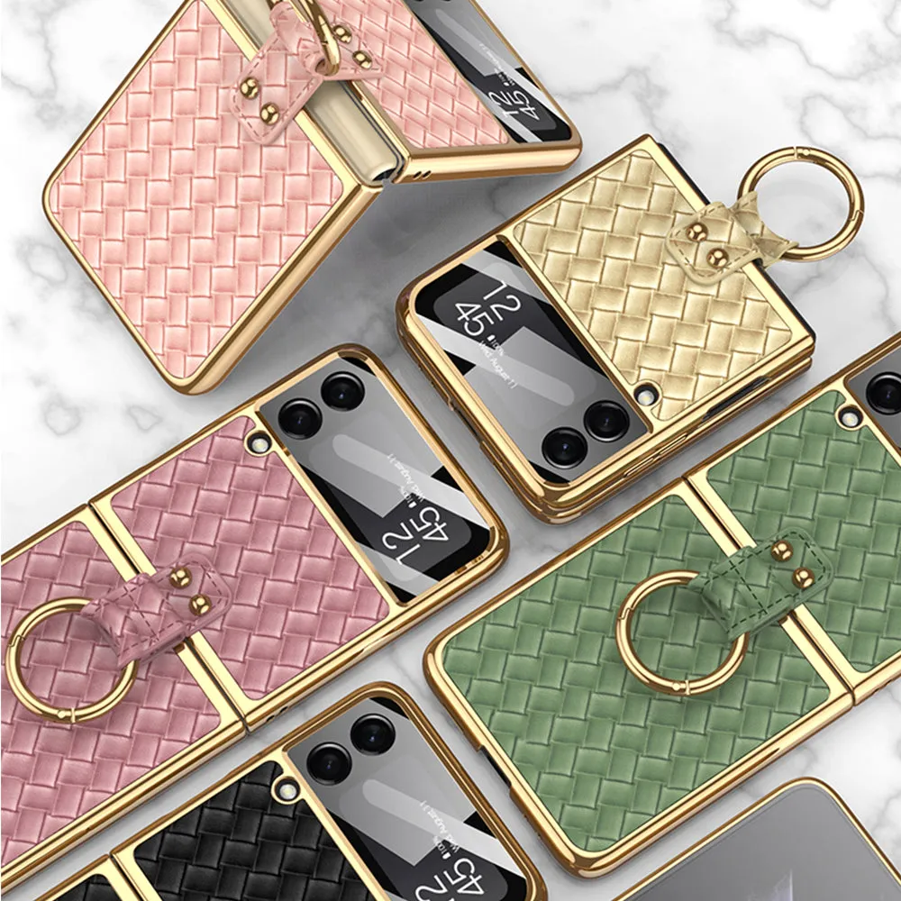 Plating Leather Weaving Case For Samsung Galaxy Z Flip 3 5G Case Back Screen Protector Hard Cover For Samsung Z Flip3