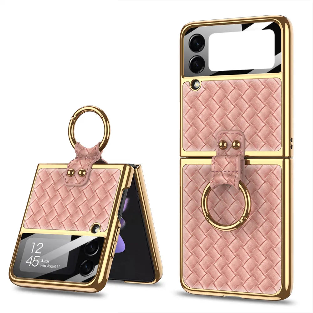 Plating Leather Weaving Case For Samsung Galaxy Z Flip 3 5G Case Back Screen Protector Hard Cover For Samsung Z Flip3