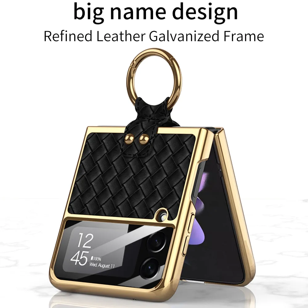 Plating Leather Weaving Case For Samsung Galaxy Z Flip 3 5G Case Back Screen Protector Hard Cover For Samsung Z Flip3
