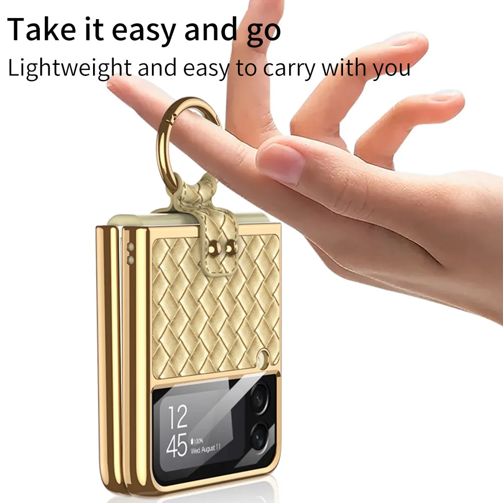 Plating Leather Weaving Case For Samsung Galaxy Z Flip 3 5G Case Back Screen Protector Hard Cover For Samsung Z Flip3