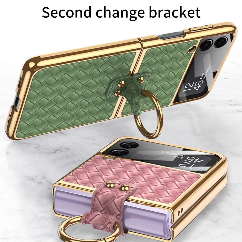 Plating Leather Weaving Case For Samsung Galaxy Z Flip 3 5G Case Back Screen Protector Hard Cover For Samsung Z Flip3
